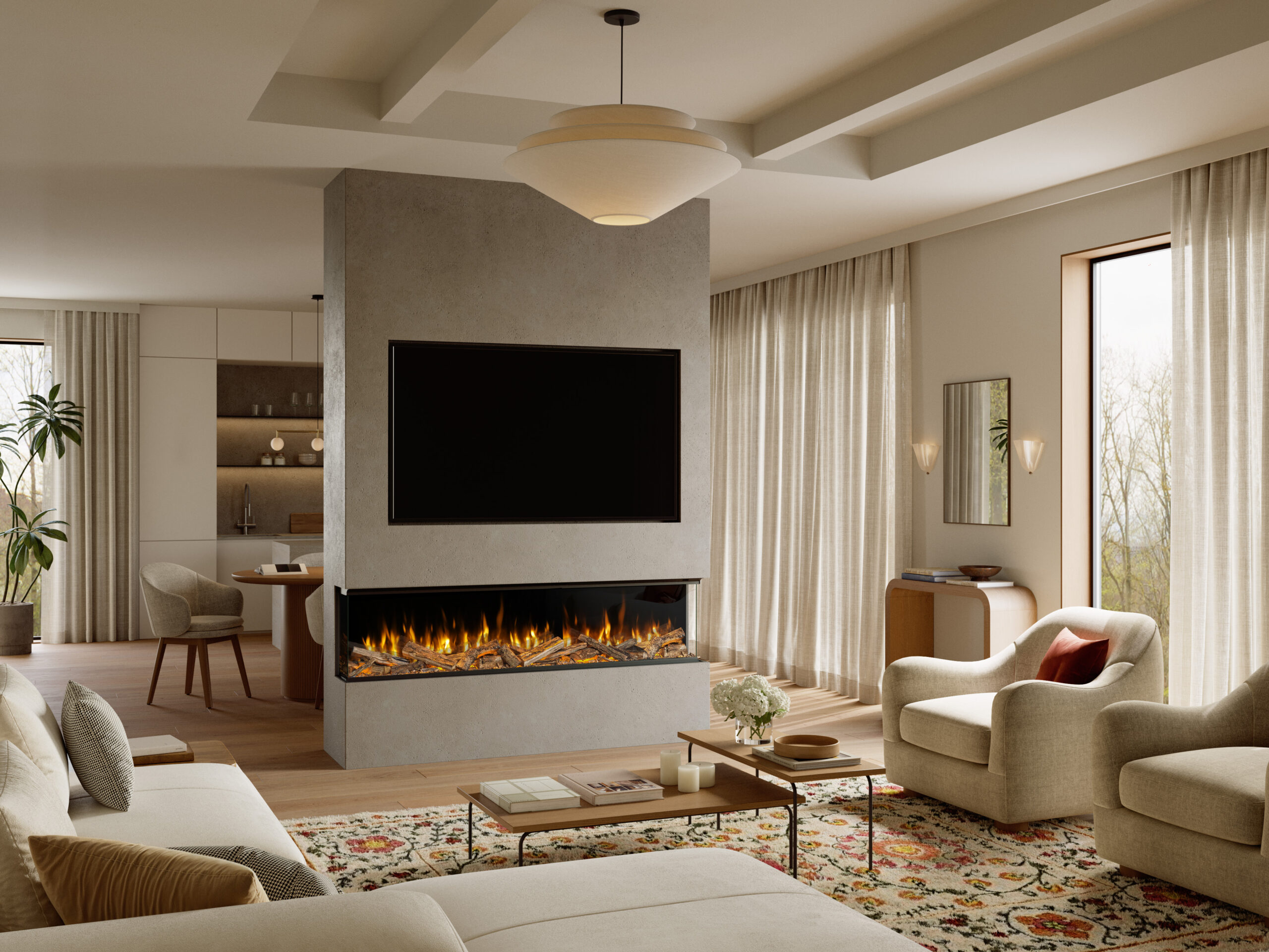 Volektra electric media wall fire with realistic flames and log effect, set within a contemporary living room beneath a wall-mounted TV.