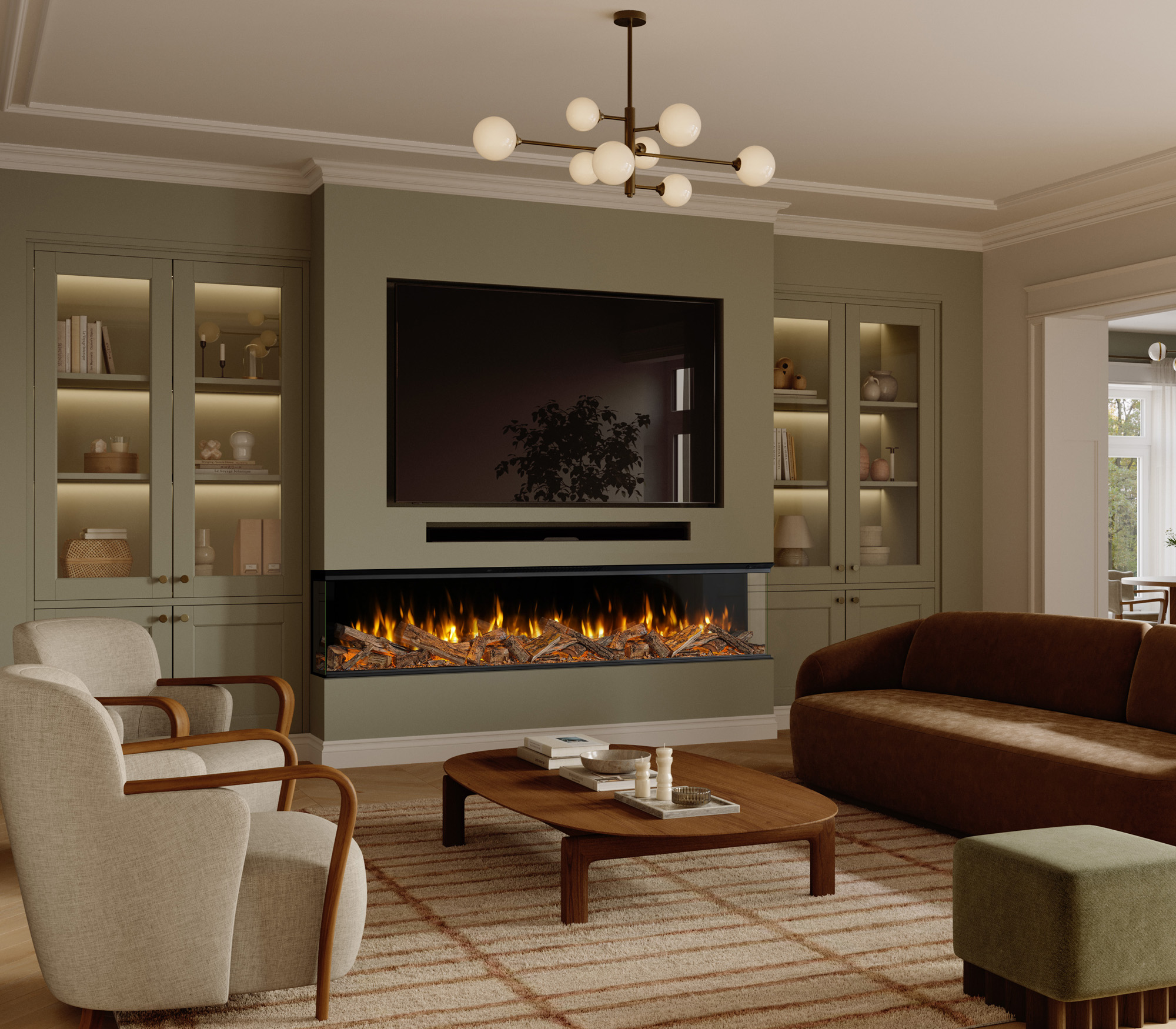 Volektra electric media wall fire with realistic flames and log effect, set within a contemporary living room beneath a wall-mounted TV.
