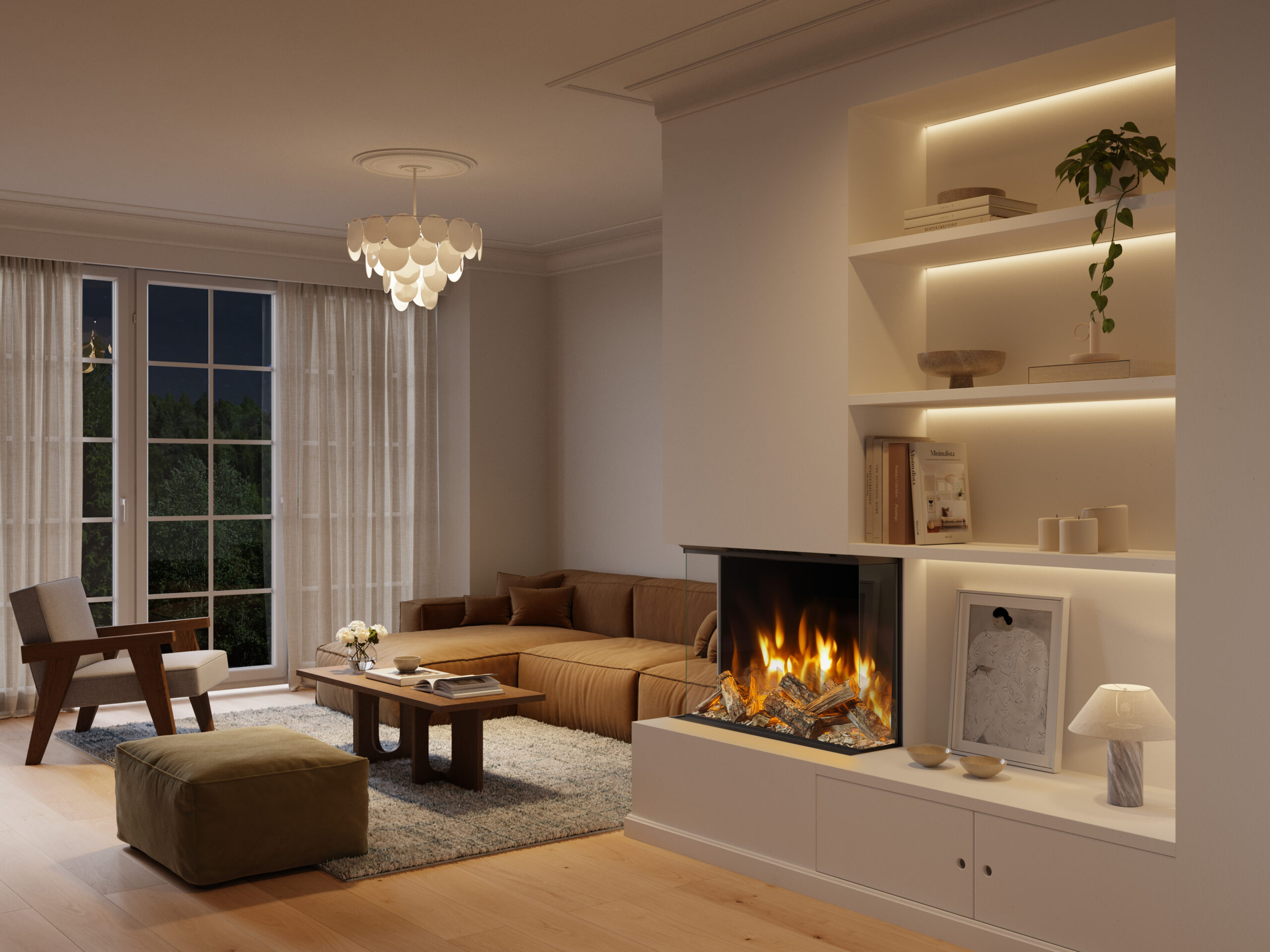 Volektra electric media wall fire with realistic flames and log effect, installed beneath a TV in a modern open-plan dining and living space.